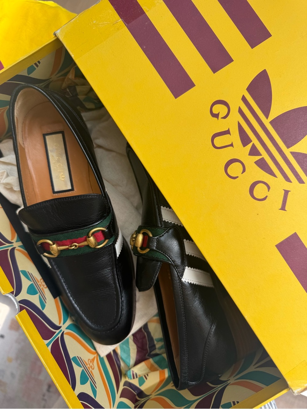 Gucci & Adidas Collab Black Leather Horsebit Loafers with Green and Red Web